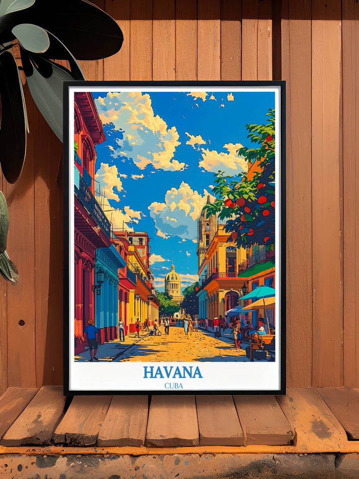 A travel poster of Havana featuring iconic landmarks and the bustling life of its inhabitants, capturing the essence of Cuban spirit and the beauty of its urban landscape under a clear blue sky.
