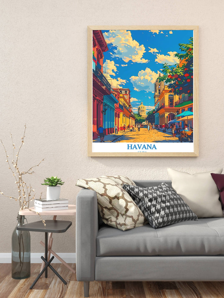 An elegant Havana Artwork depicting a panoramic view of the citys coastline, with waves gently crashing against the Malecon as people enjoy a leisurely walk, reflecting the tranquil side of Havana life.