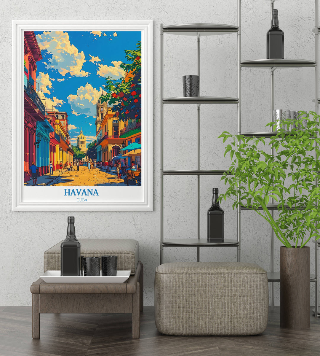 A Havana Travel Poster that combines minimalist design with rich textures, illustrating the citys skyline at dusk, with highlights on its cultural heritage and the vibrant nightlife that awaits explorers.
