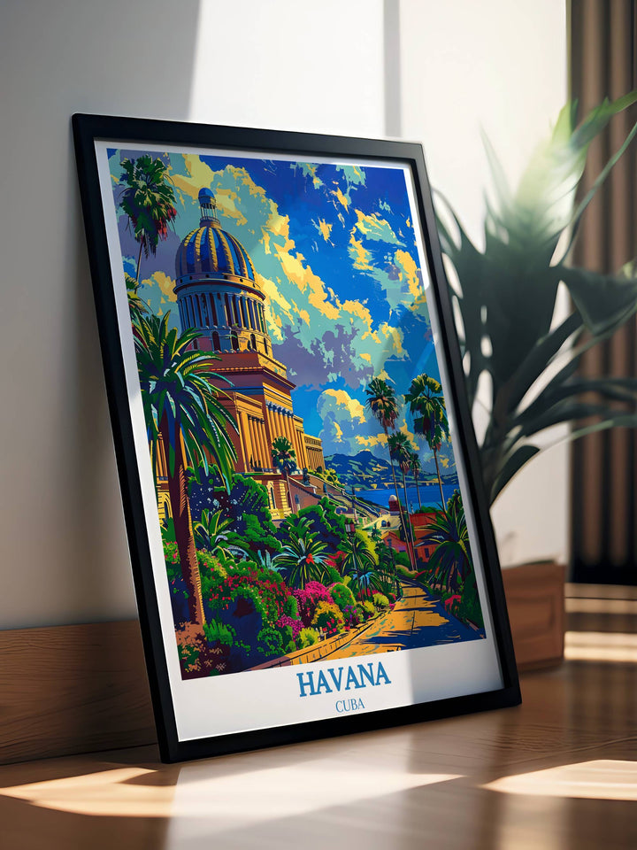 A Havana photo print capturing a serene moment in front of the National Capitol of Cuba, with the reflection of the building mirrored in a nearby puddle, offering a unique perspective on this iconic Havana landmark.