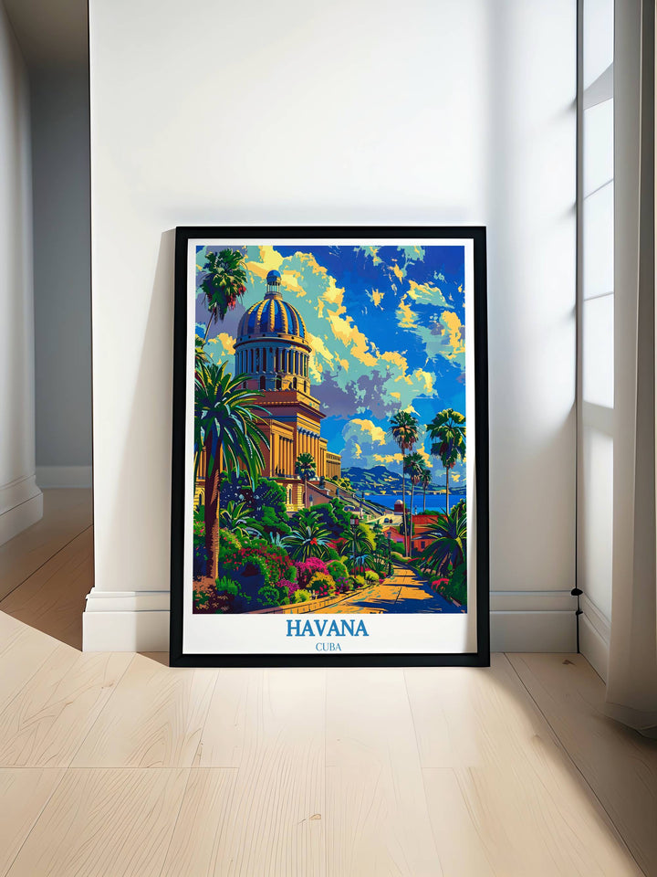 A captivating travel poster featuring the National Capitol of Cuba as its centerpiece, set against a vibrant Havana skyline, highlighting the architectural grandeur and cultural significance of this iconic landmark.