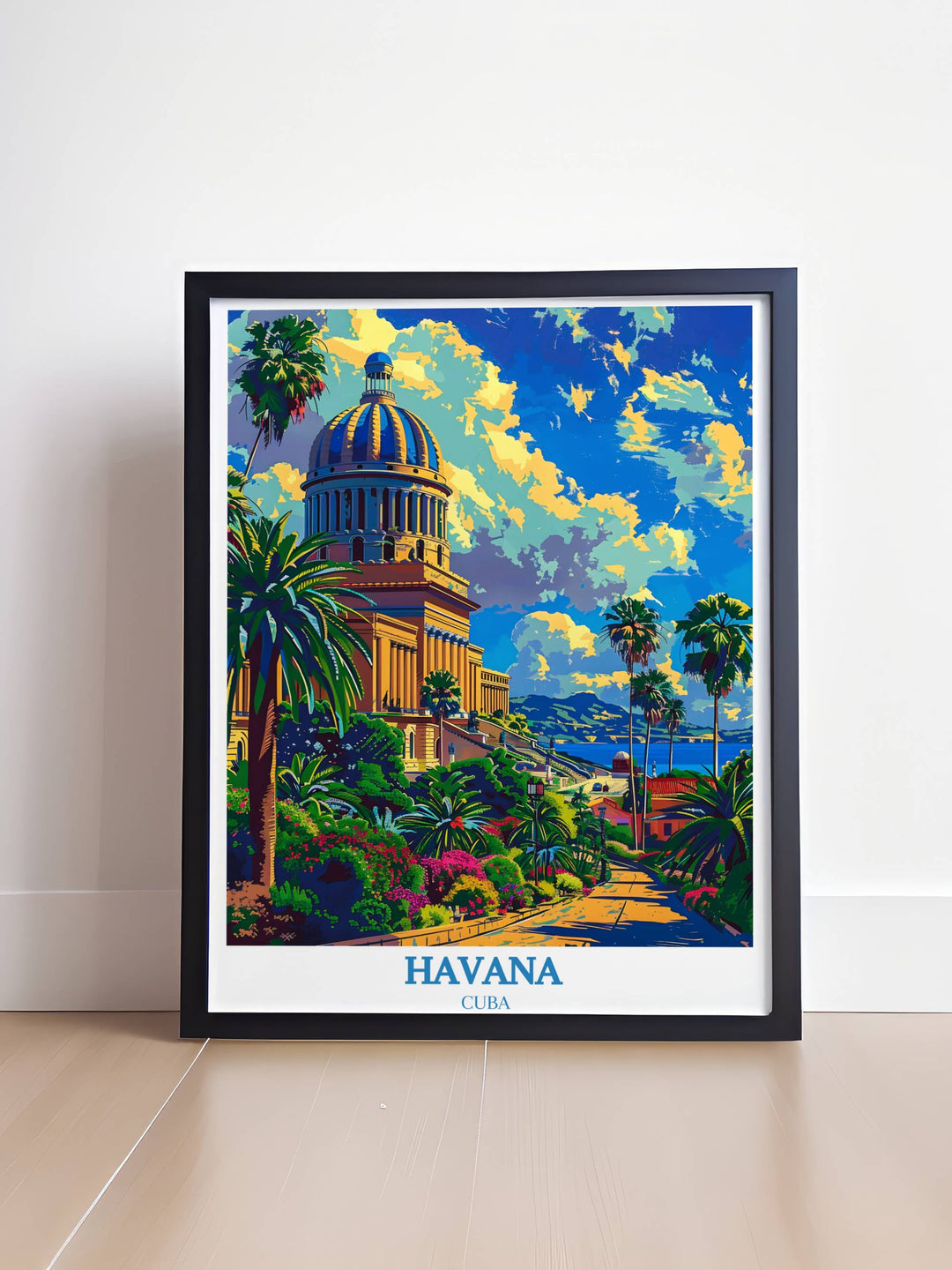 An exclusive art print of the National Capitol of Cuba, surrounded by lush greenery under the bright Cuban sun, showcasing the intricate details and historical beauty of Havanas prized structure.