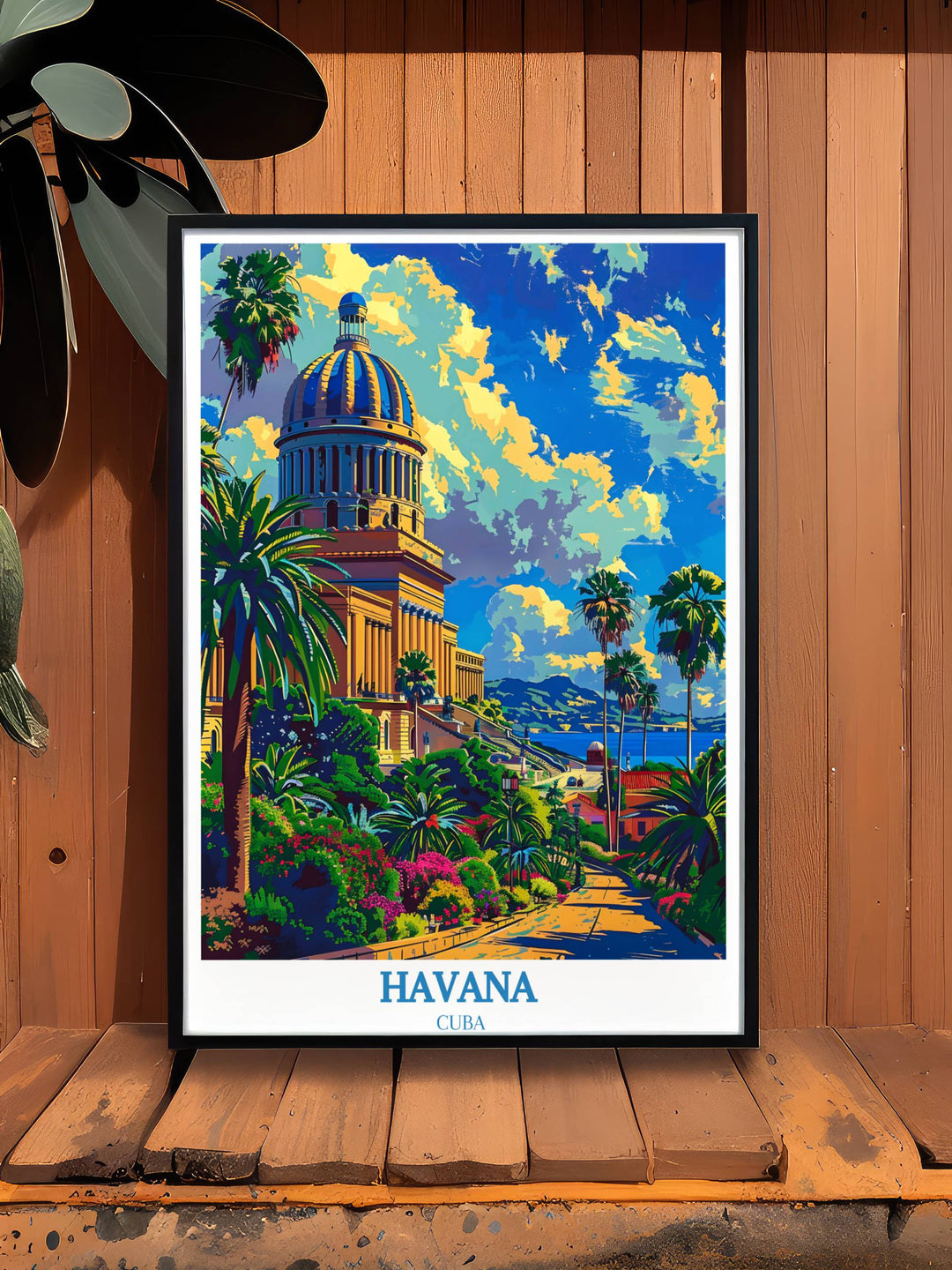A Havana travel poster that draws the eye directly to the majestic National Capitol of Cuba, standing tall amidst the citys lively atmosphere, inviting viewers to explore its historical and architectural marvels.