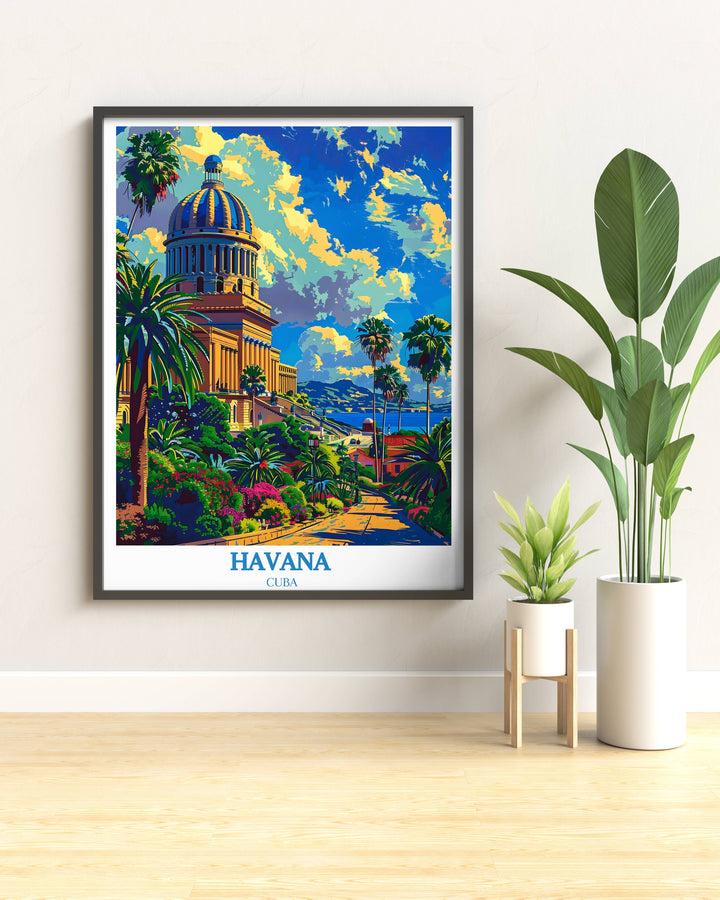 An Old Havana print where the National Capitol of Cuba takes center stage, depicted at golden hour with soft shadows accentuating its neoclassical features, capturing the timeless elegance of Havana.