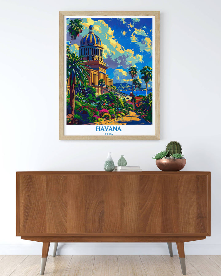 A Havana Cuba print presenting a close-up view of the National Capitol of Cuba, emphasizing its impressive dome and stately columns, a testament to the islands rich architectural heritage.