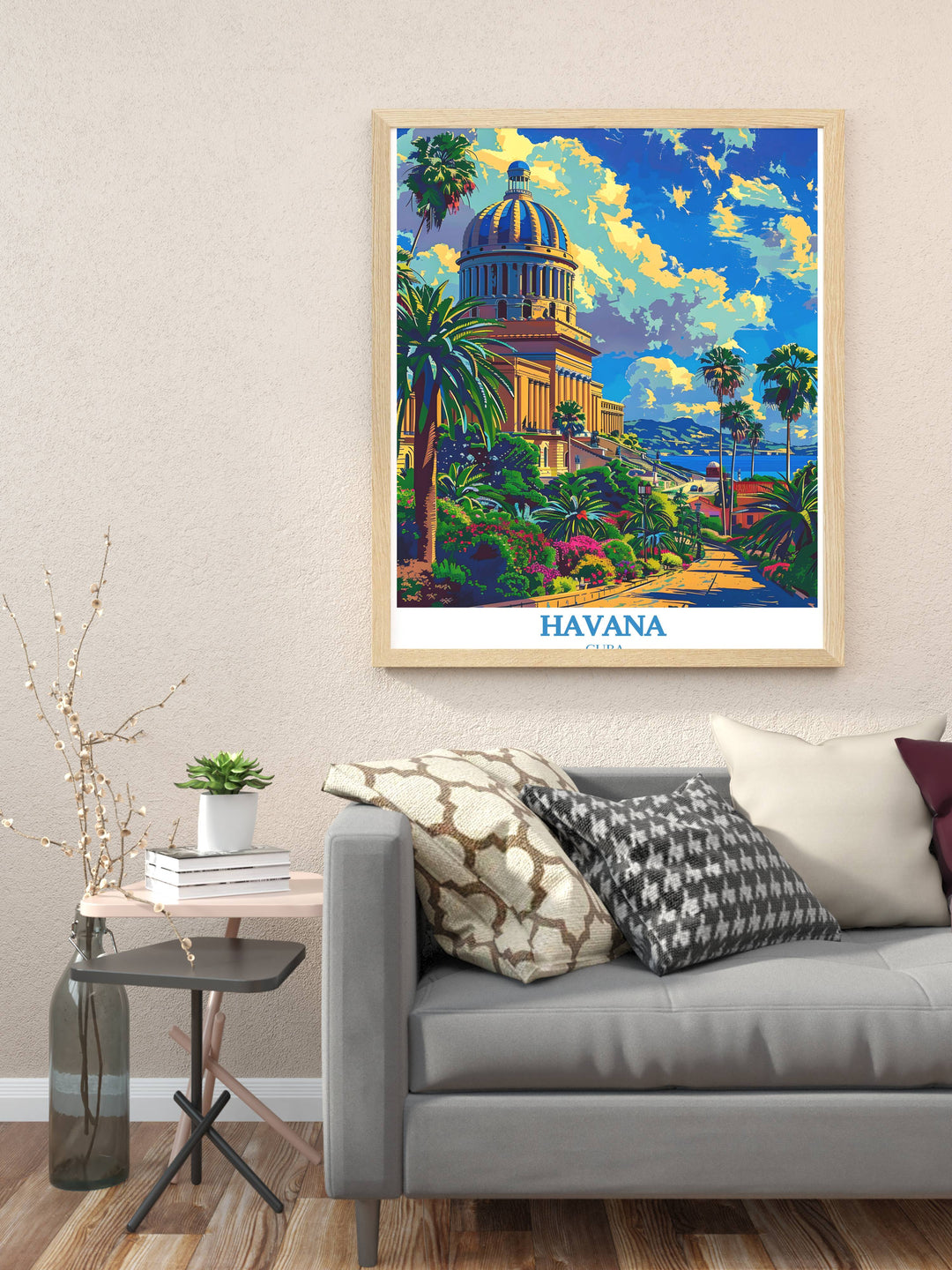 An artistic rendition of the National Capitol of Cuba in a Havana artwork collection piece, where the buildings silhouette is artfully blended with abstract elements, symbolizing Havanas fusion of tradition and creativity.