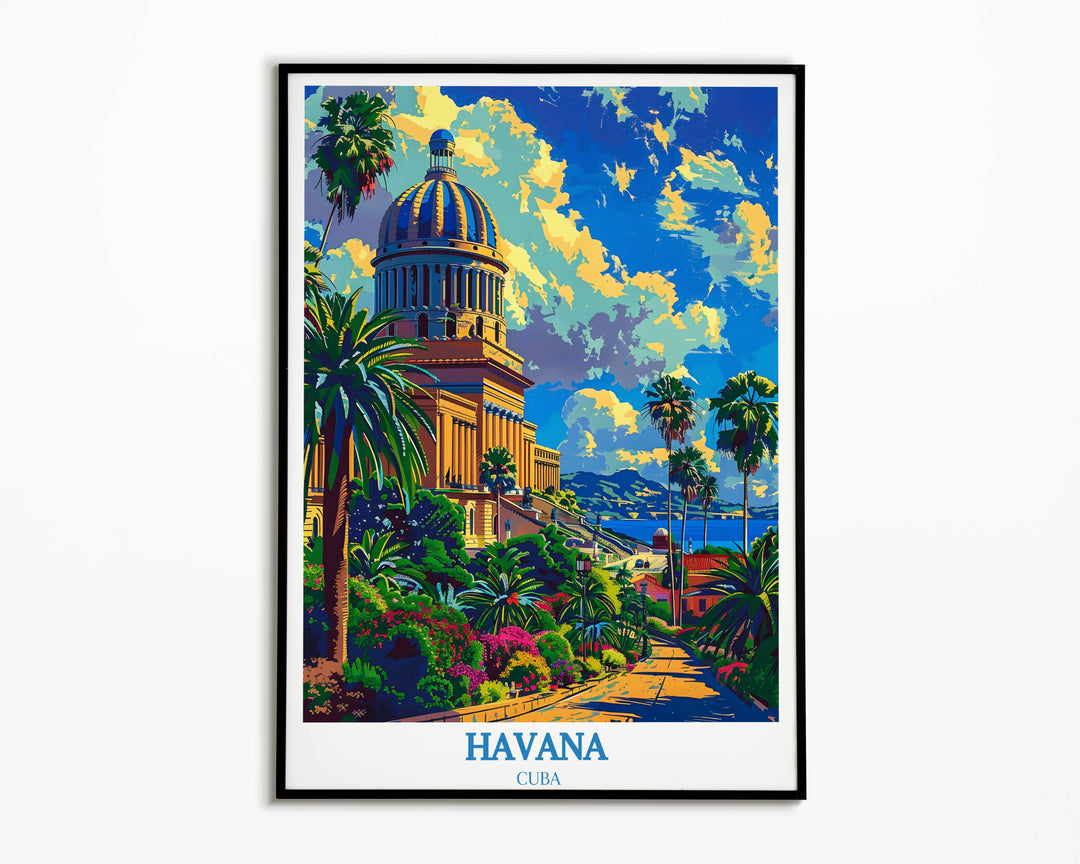 A Havana art print with the National Capitol of Cuba portrayed amidst a bustling street scene, highlighting the everyday life and vibrant culture that surrounds this historic landmark.