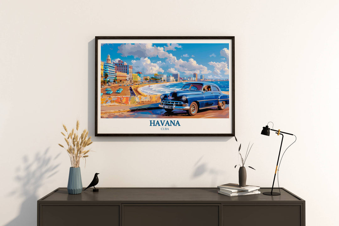 A detailed art print emphasizing the architectural details and the vibrant atmosphere of the Malecón, from the iconic sea wall to the lively interactions between people sharing moments by the ocean.