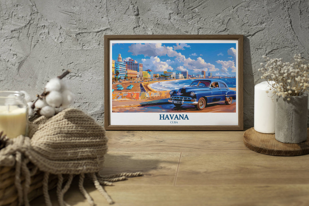 A detailed artwork showcasing the Malecón during a tranquil dawn, with the calm sea reflecting the pastel colors of the morning sky, highlighting the peaceful side of Havana's bustling life.