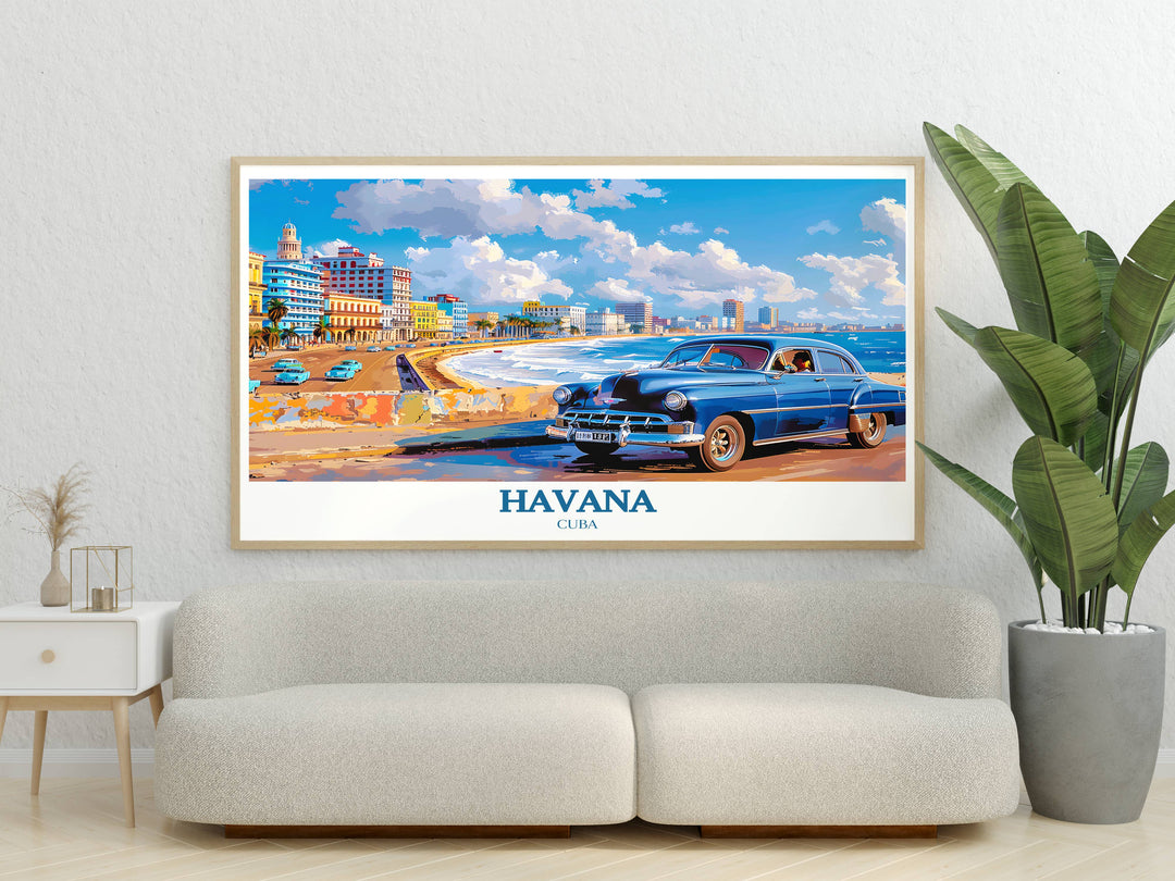 A Havana Cuba print featuring the Malecón in the golden hour, with the warm light casting long shadows and highlighting the romantic ambiance of Havana's beloved seaside boulevard.