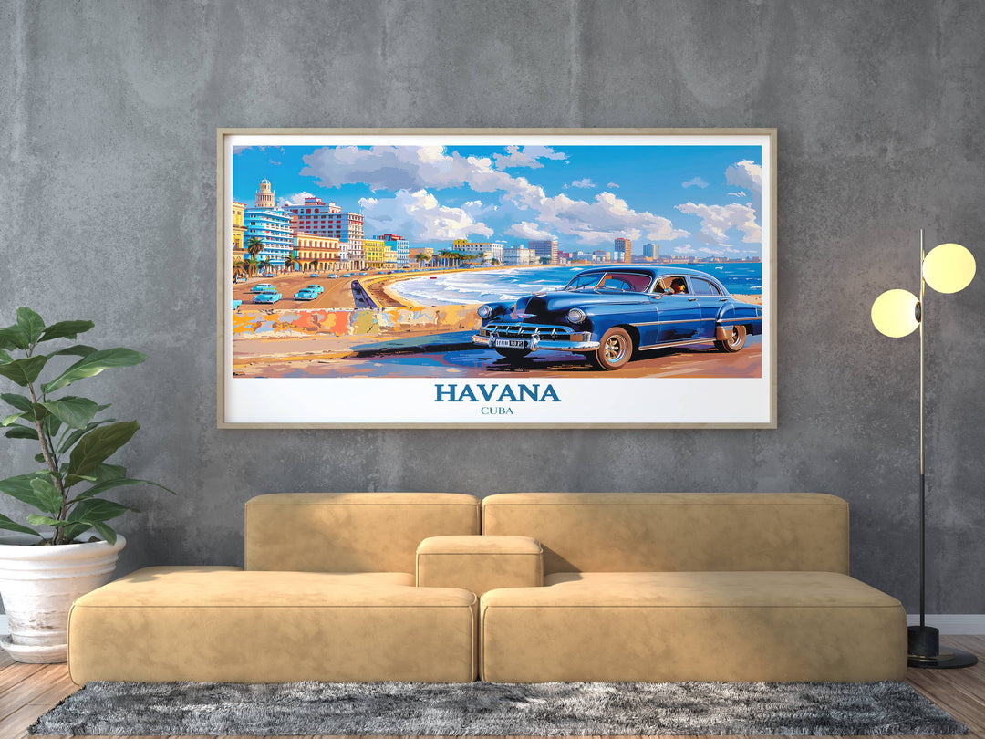 A vibrant Havana poster of a stormy day on the Malecón, capturing the dramatic waves crashing over the wall and the resilience of the city against the power of nature.