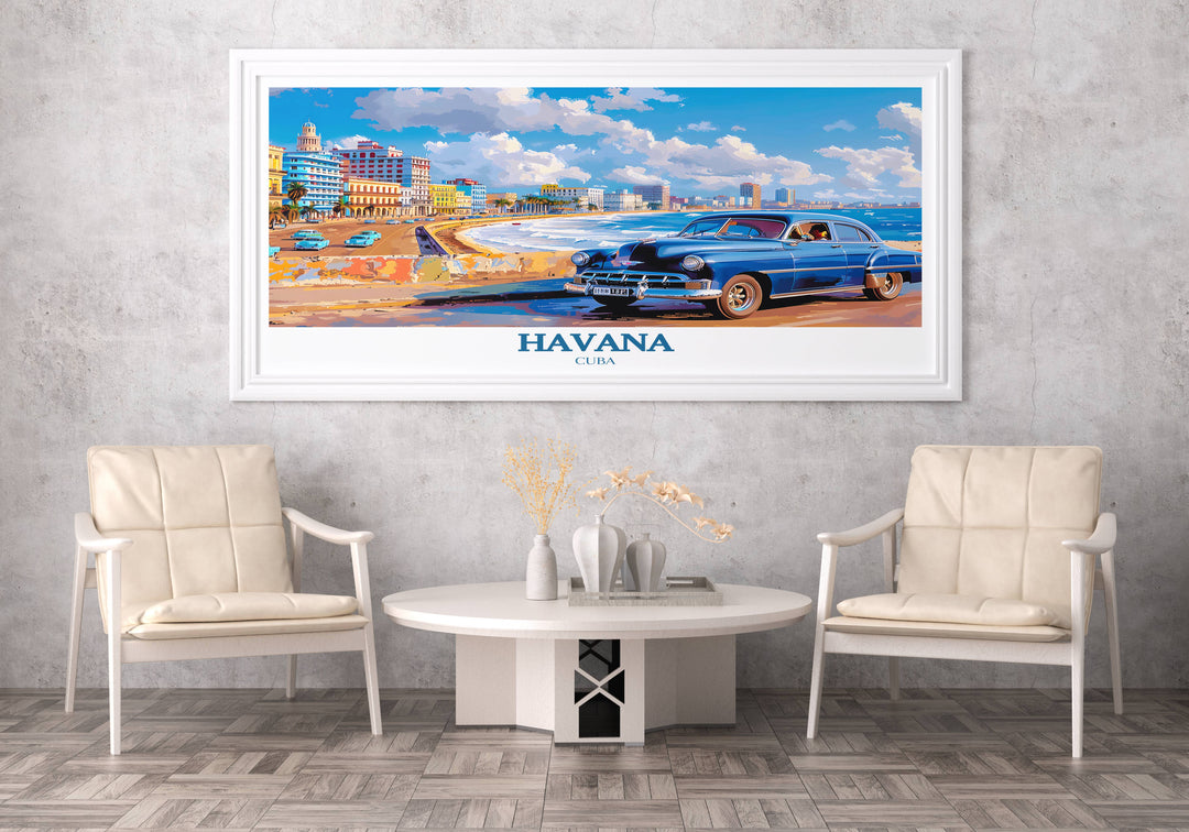 An Old Havana print with a view from the Malecón, offering a unique perspective on the historic district's colorful buildings and lively streets from the vantage point of the seafront.