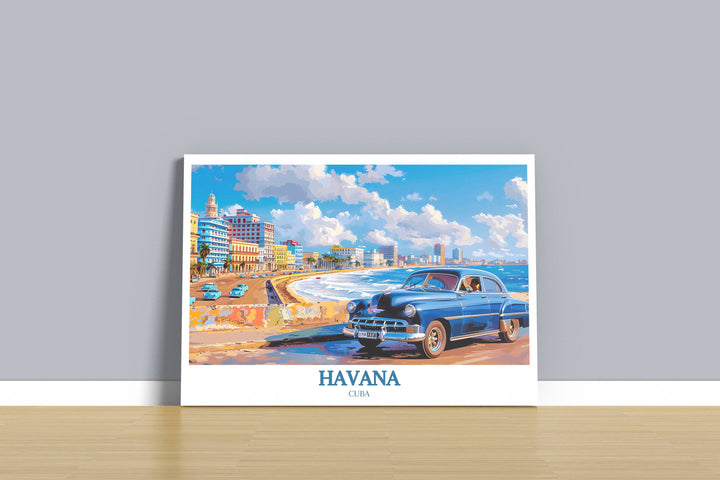 A panoramic Havana artwork focusing on the entire stretch of the Malecón, illustrating the curve of the coastline and the bustling activity that makes this promenade the heart of Havana.