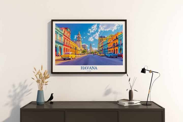 An exclusive art print of a cobblestone alley in Habana Vieja, lined with classic cars and colonial architecture, drawing viewers into the heart of Old Havanas timeless allure and historic beauty.