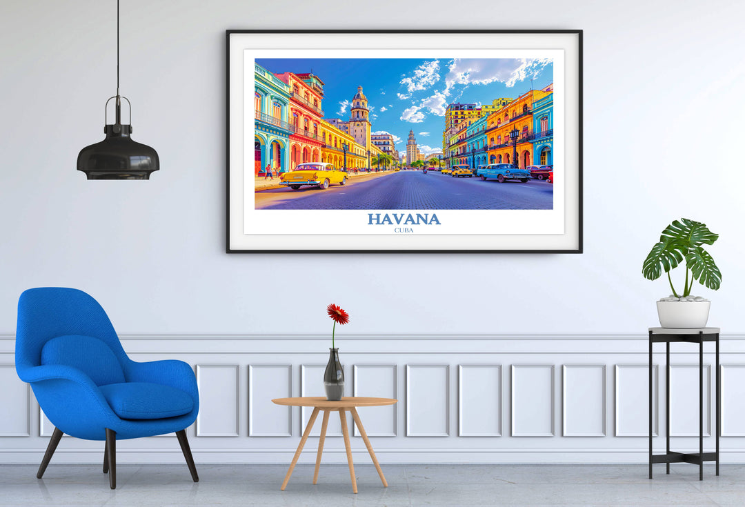 A Havana travel poster featuring the famous Malecón as viewed from Habana Vieja, where the historic charm of Old Havana meets the natural beauty of the coastline in a picturesque blend.