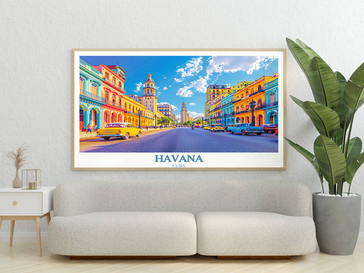 A panoramic Havana travel poster of Habana Viejas historic streets, merging artistic creativity with the nostalgic beauty of Old Havana, offering a window into the citys timeless charm.