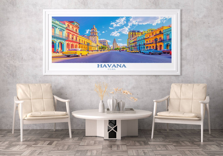 A dynamic Havana poster capturing an intimate moment on the streets of Habana Vieja, where the vibrant life and spirit of Old Havana burst forth in a display of vivid colors and lively scenes.
