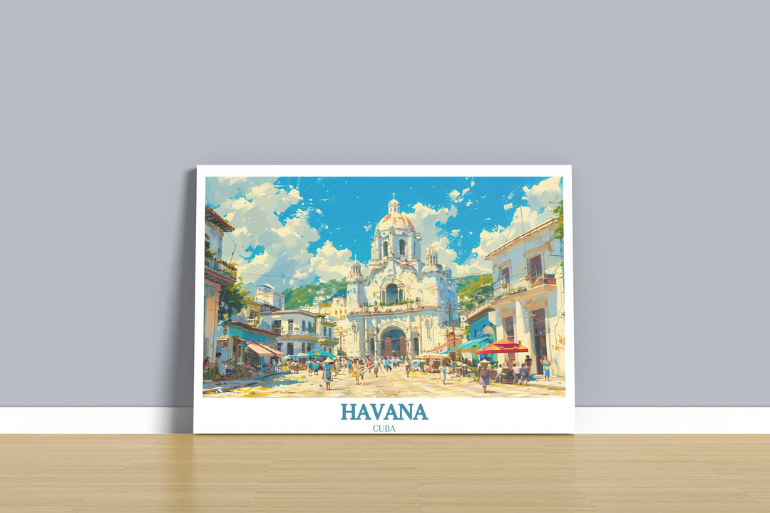 An artistic Havana art print illustrating an intimate alleyway in Habana Vieja, adorned with hanging plants and art, reflecting the personal touches that add to the district's charm.