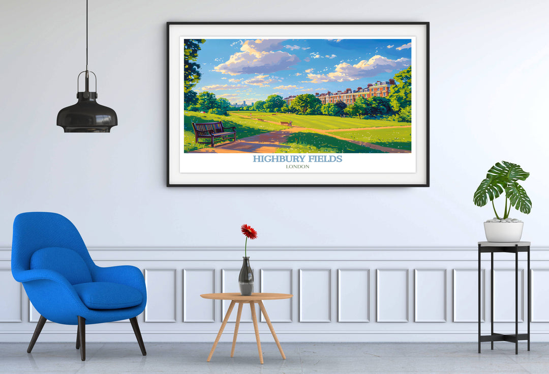 Sunset over Highbury Fields providing a calming view in a framed travel print perfect for relaxation themes