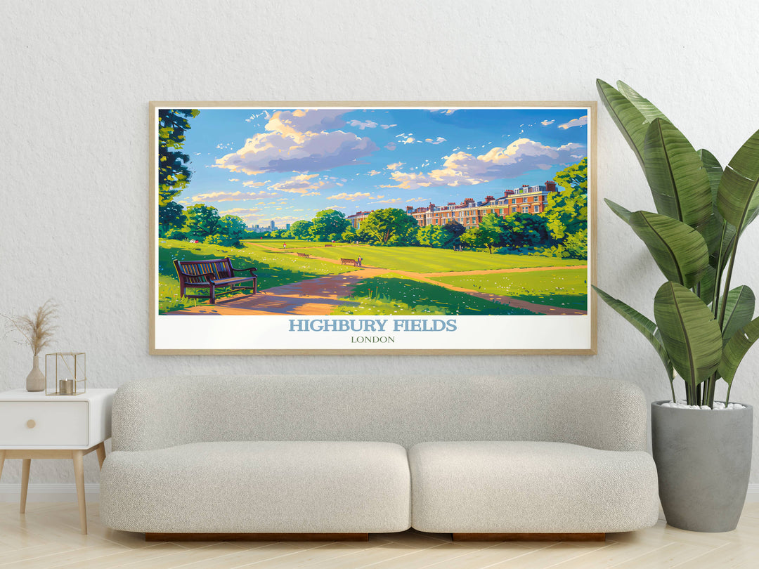 Summer activities in Highbury Fields illustrated in a London travel print with people enjoying picnics and outdoor games