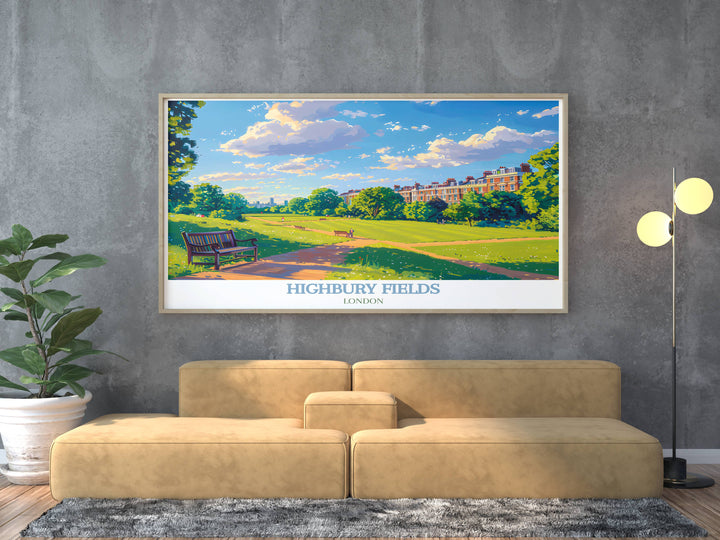 Early morning joggers in Highbury Fields captured in a modern wall decor piece showcasing daily life in London parks