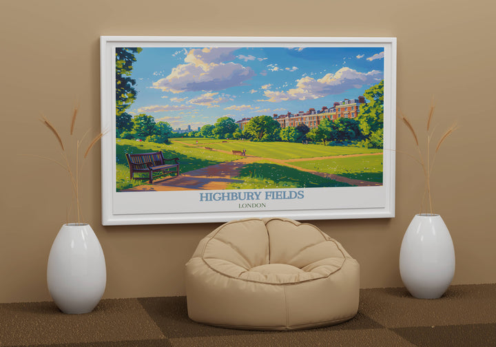 Children playing near the fountain in Highbury Fields depicted in a vibrant London park poster art