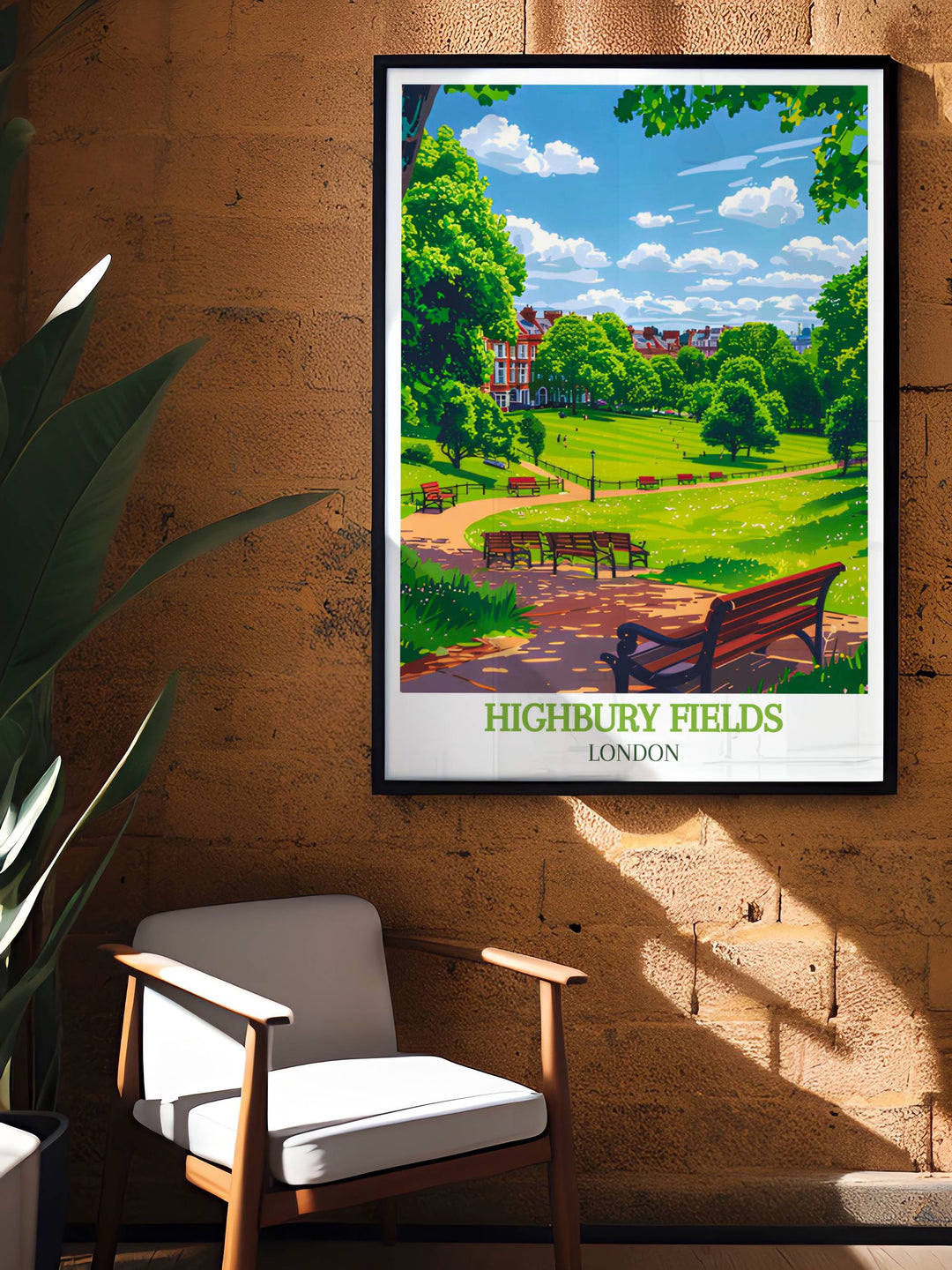 London park poster of Highbury Fields focusing on the detailed green spaces and recreational areas