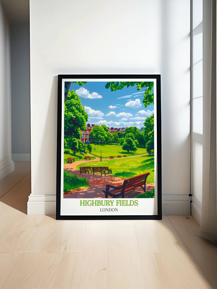 Framed art print of Highbury Fields showcasing lush greenery and pathways, perfect for London themed home decor