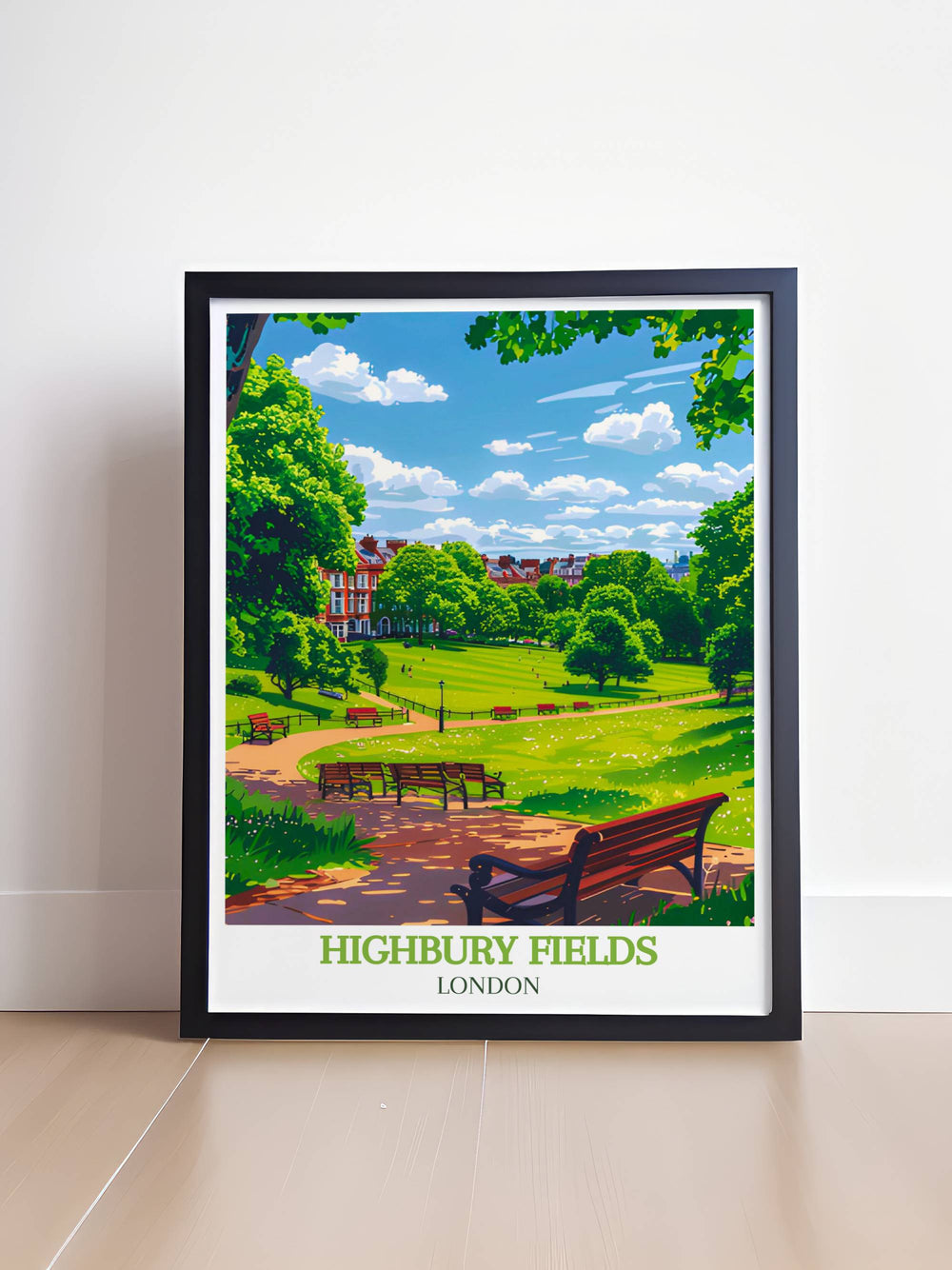 Vintage poster of Highbury Fields with vivid illustrations of the park and its vibrant atmosphere, ideal for collectors