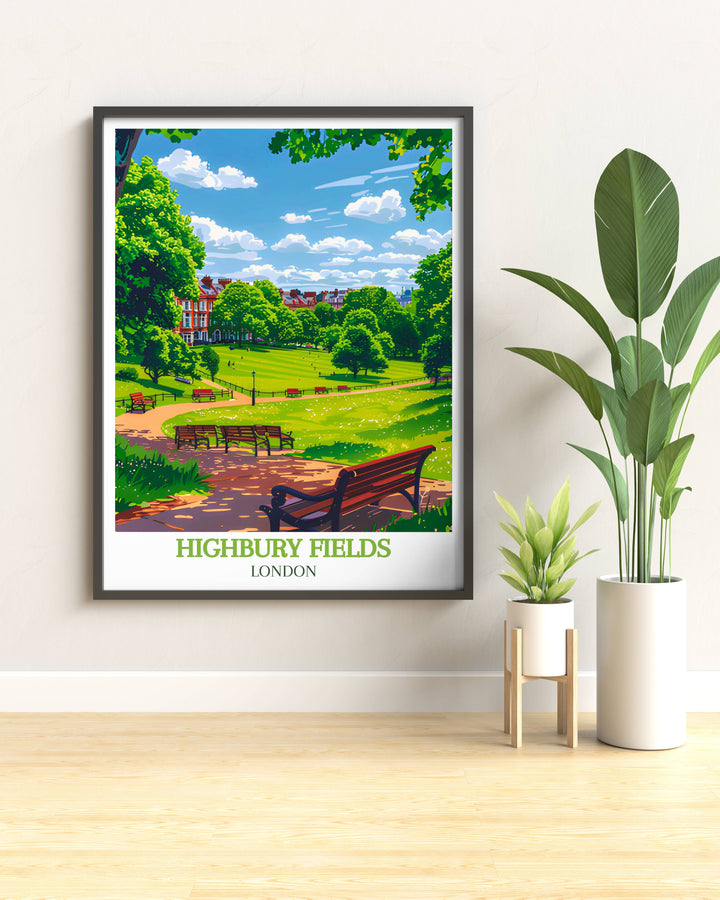Custom print of Highbury Fields park in a detailed illustration style, showing children playing and adults relaxing