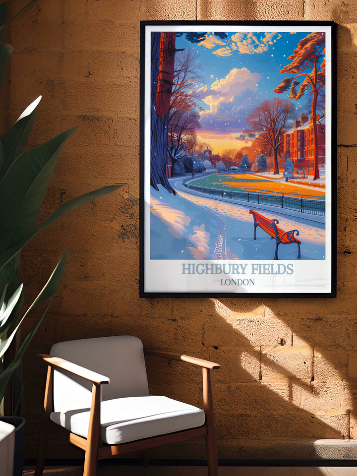 Evening scene at Highbury Fields park in a framed print, capturing the peaceful dusk light filtering through trees