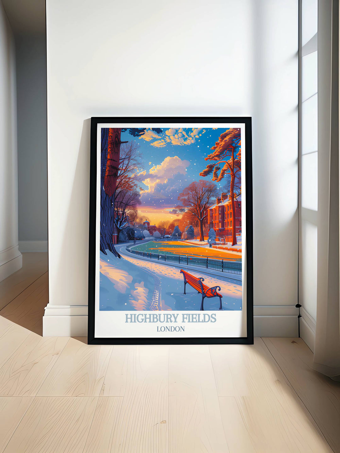 Fine art print of Highbury Fields park displaying vibrant green spaces and leisurely walking paths, ideal for London themed decor