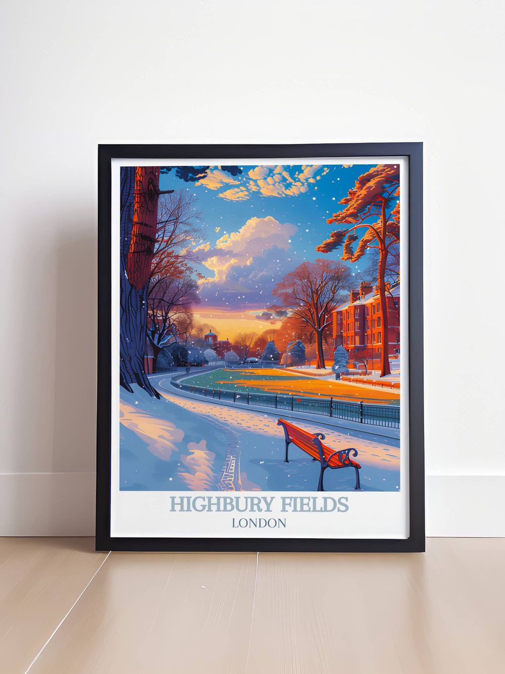 Modern wall decor of Highbury Fields park highlighting detailed views of lush landscapes and tranquil settings in London