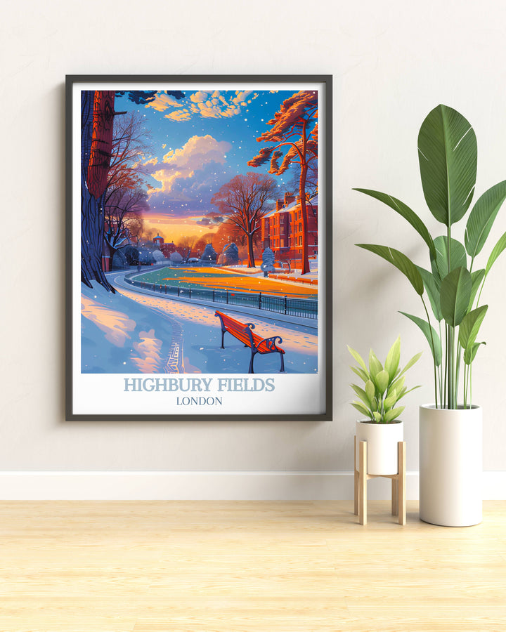 Custom print of Highbury Fields in autumn showcasing golden leaves and serene park benches, perfect for adding warmth to any room