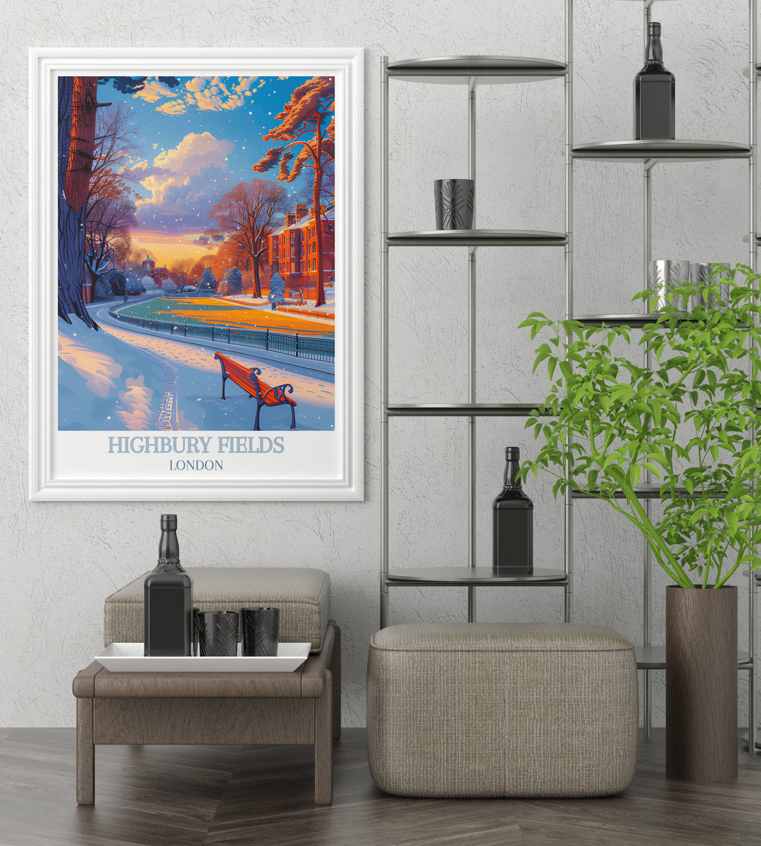 Vintage poster of Highbury Fields park with an artistic rendition of quiet snowy days, adding a serene touch to wall collections