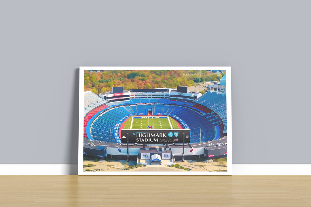 A vibrant Buffalo Bills poster that beautifully illustrates Highmark Stadium, serving as a memorable housewarming gift for any NFL art admirer.