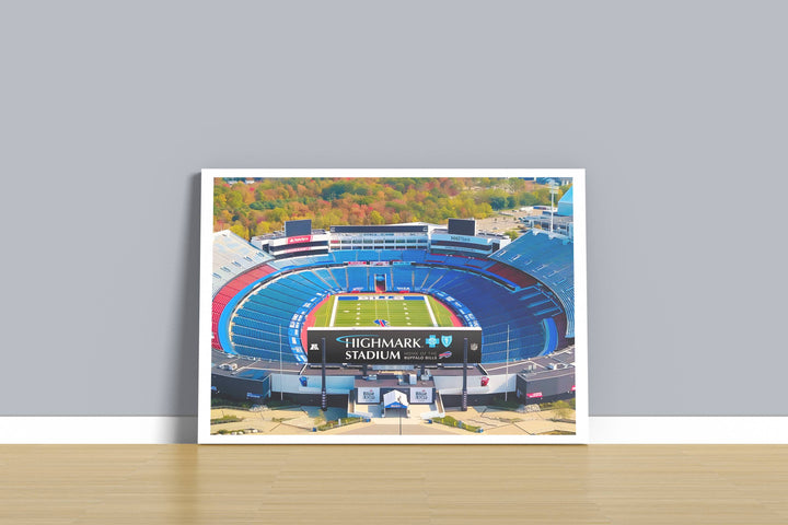 A vibrant Buffalo Bills poster that beautifully illustrates Highmark Stadium, serving as a memorable housewarming gift for any NFL art admirer.