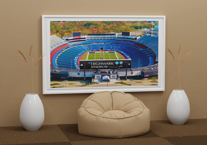 Celebrate the home of the Buffalo Bills with this detailed NFL stadium poster, showcasing Highmark Stadiums iconic structure and vibrant game-day atmosphere