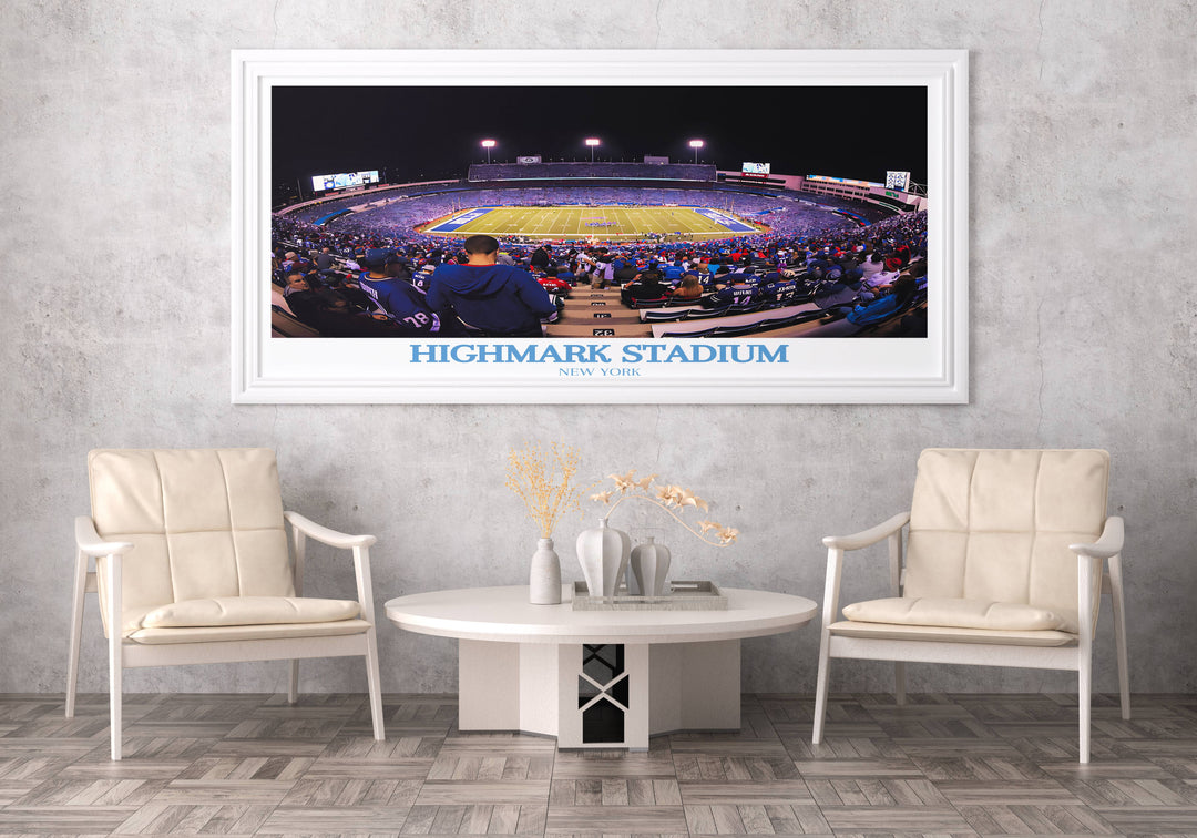 Presenting a captivating Buffalo Bills Poster, featuring Highmark Stadium in all its glory, making it an ideal housewarming gift for fans of NFL Art.