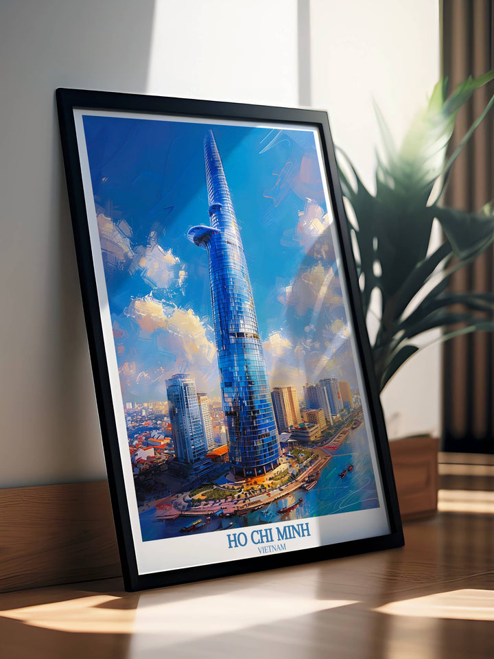 Unique travel art featuring a detailed map of Ho Chi Minh City with iconic symbols, landmarks, and the Bitexco Financial Tower, ideal for adventurers.