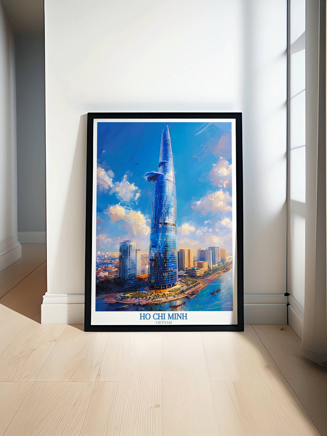 Vibrant travel poster print featuring Ho Chi Minh City, highlighting Bitexco Financial Tower against a backdrop of bustling streets and traditional boats.