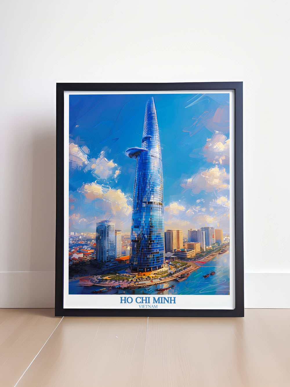 Detailed Ho Chi Minh Vietnam print capturing the citys life with the Bitexco Financial Tower standing tall amidst colorful market scenes and street vendors.
