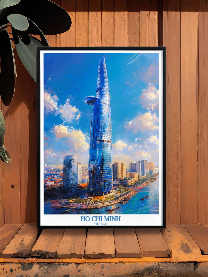 Artistic travel print showcasing Ho Chi Minh City landmarks, including Bitexco Financial Tower, Notre Dame Cathedral, and Ben Thanh Market in vivid colors.