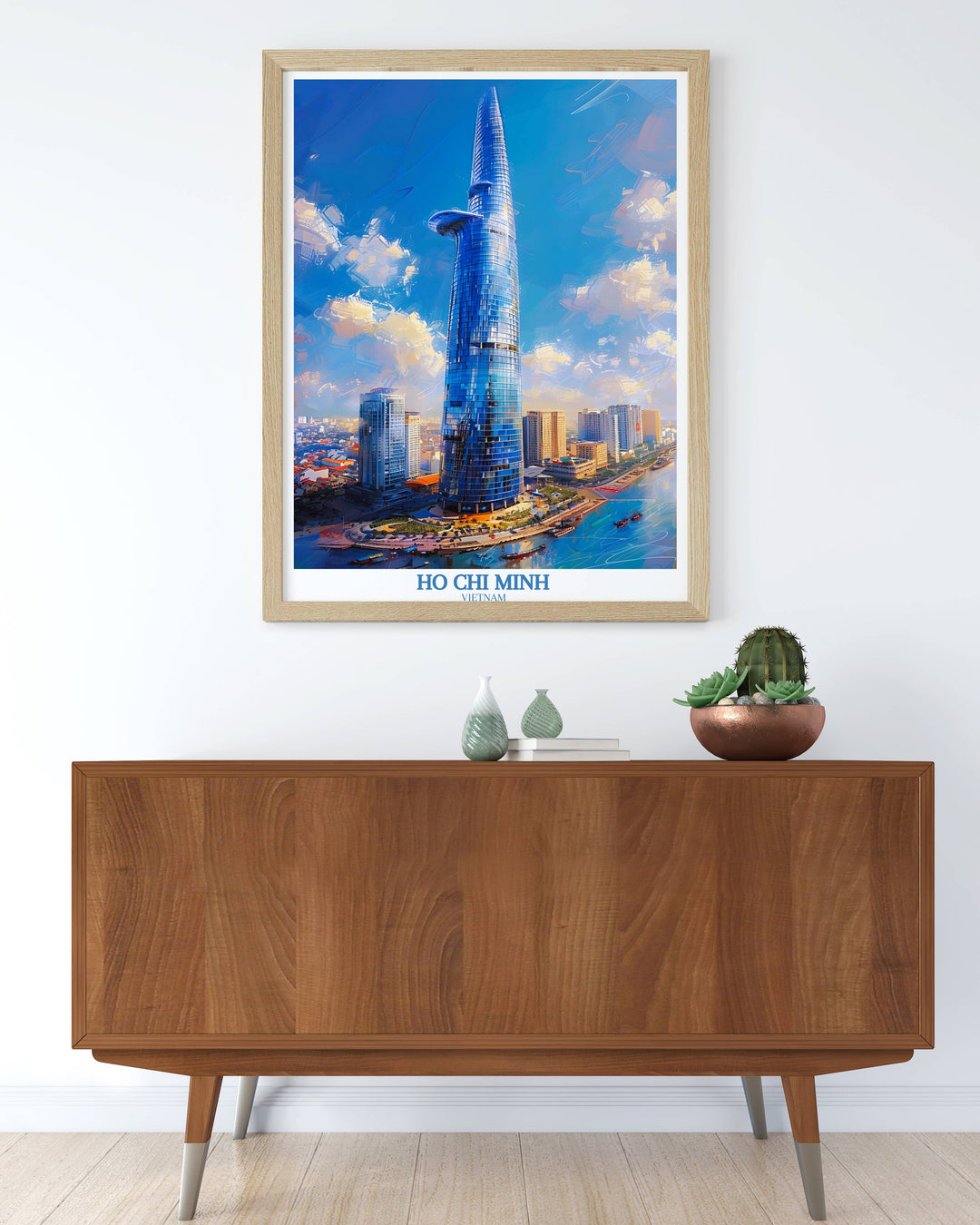 Breathtaking photography print of Ho Chi Minh City, highlighting the contrast between ancient temples and the modern Bitexco Financial Tower in a panoramic view.