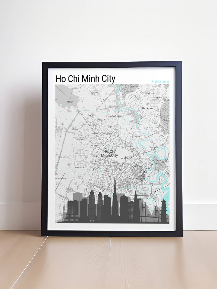 Explore the beauty of Ho Chi Minh Vietnam through this detailed map print, a tribute to the citys blend of tradition and modernity, fitting for any travel art enthusiast.