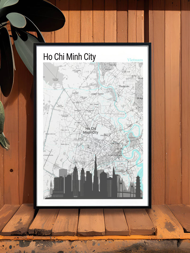 Intricately designed Saigon map print, highlighting the citys dynamic structure, a must-have piece for those who cherish travel memories and Vietnams cultural heritage.