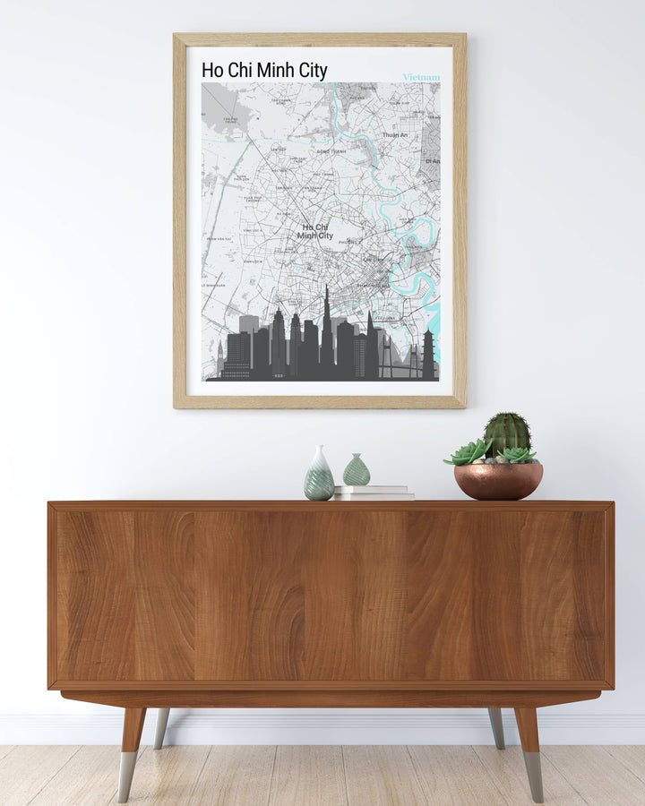 Explore the beauty of Ho Chi Minh Vietnam through this detailed map print, a tribute to the citys blend of tradition and modernity, fitting for any travel art enthusiast.