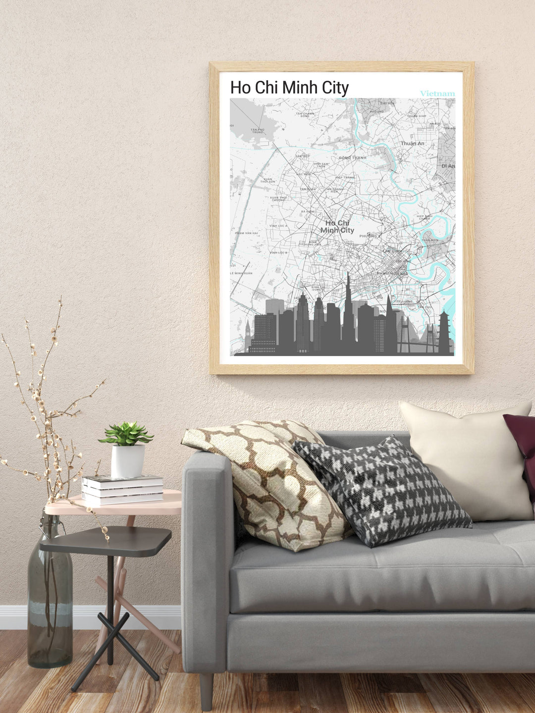 This travel wall art featuring a detailed map of Saigon serves as a constant inspiration for wanderlust, showcasing the citys unique charm and vibrant lifestyle.