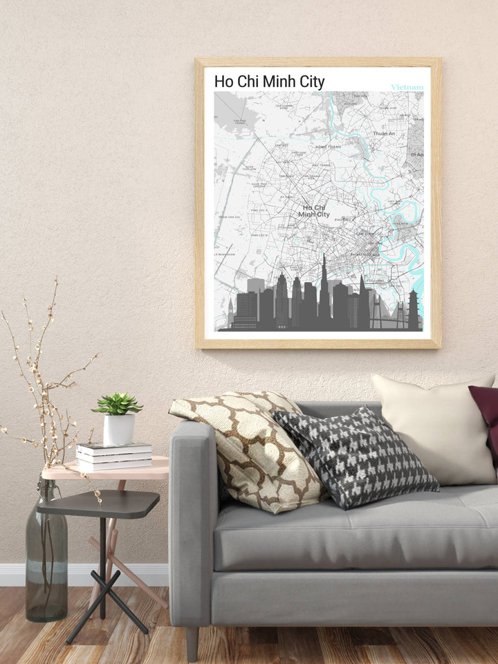 This travel wall art featuring a detailed map of Saigon serves as a constant inspiration for wanderlust, showcasing the citys unique charm and vibrant lifestyle.