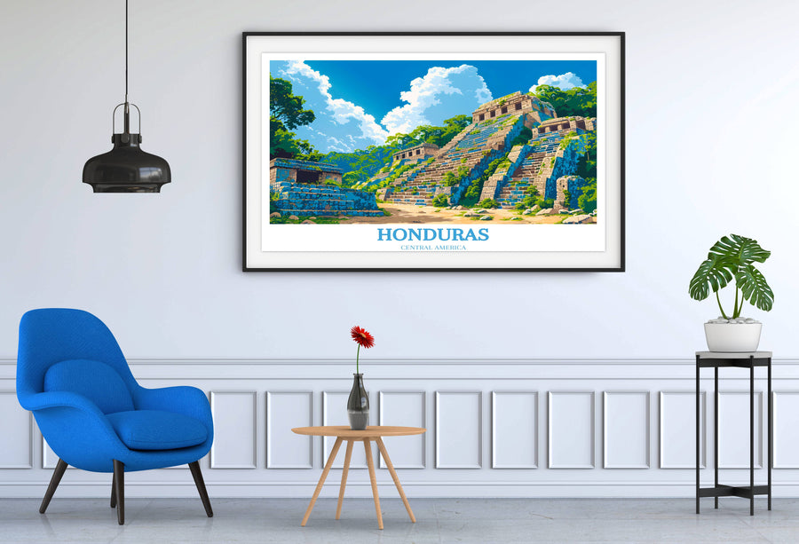 Expressive Central America art piece portraying the vibrant culture and traditions of Honduras, with lively music and dancing.